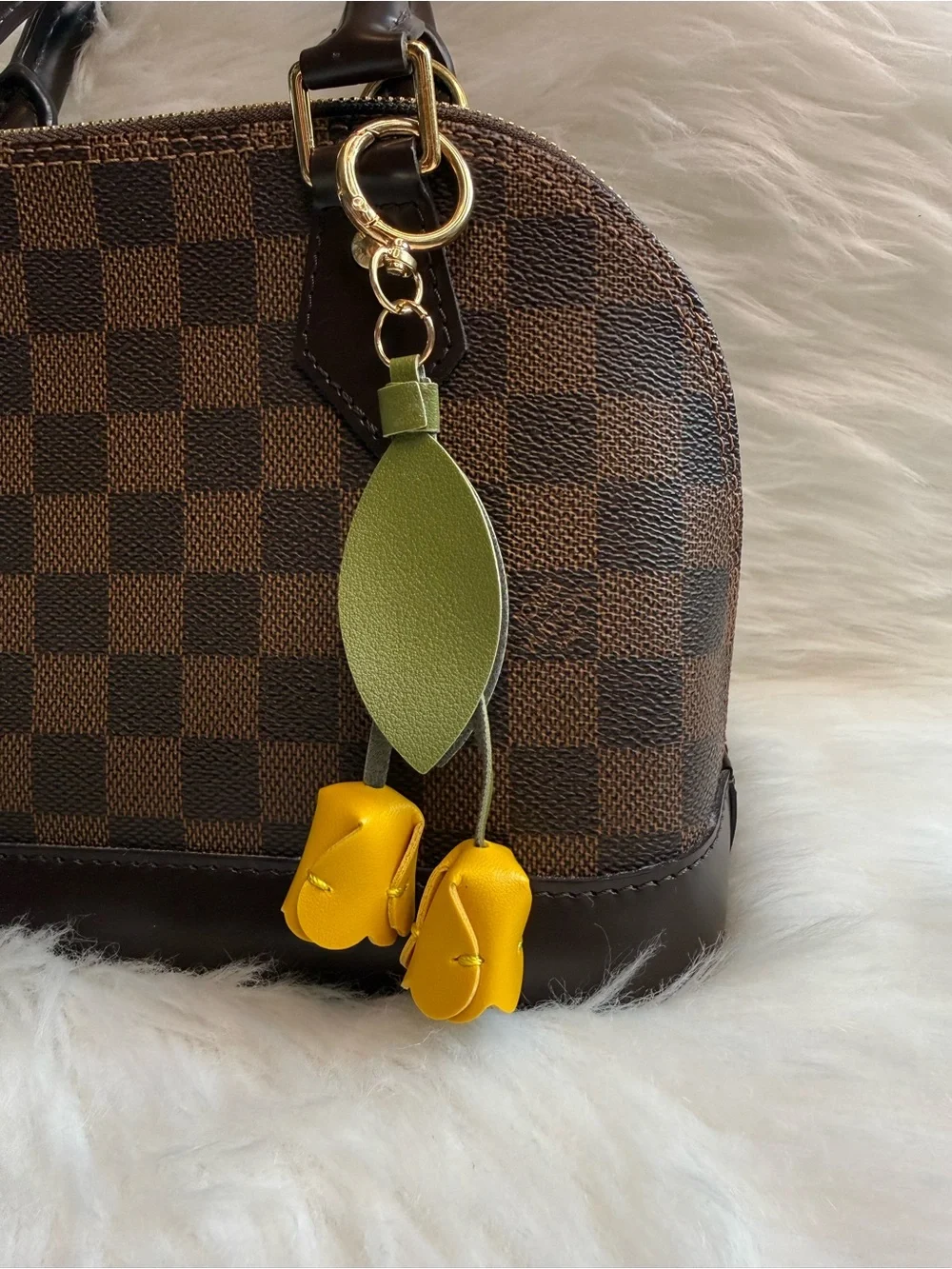 Yellow Tulip Bag Charm Keychain Keyring Leather Flower Charm New Handmade Gift